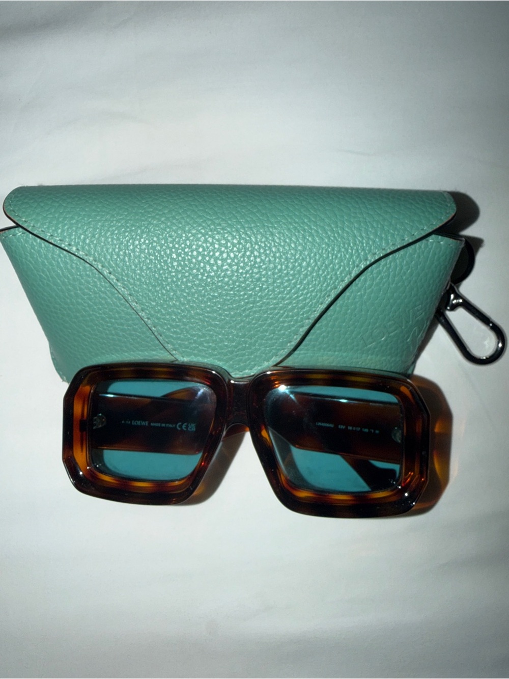 LOEWE Teal Leather Sunglasses Case with Tortoiseshell Sunglasses and Blue Lenses - Picture 2 of 2
